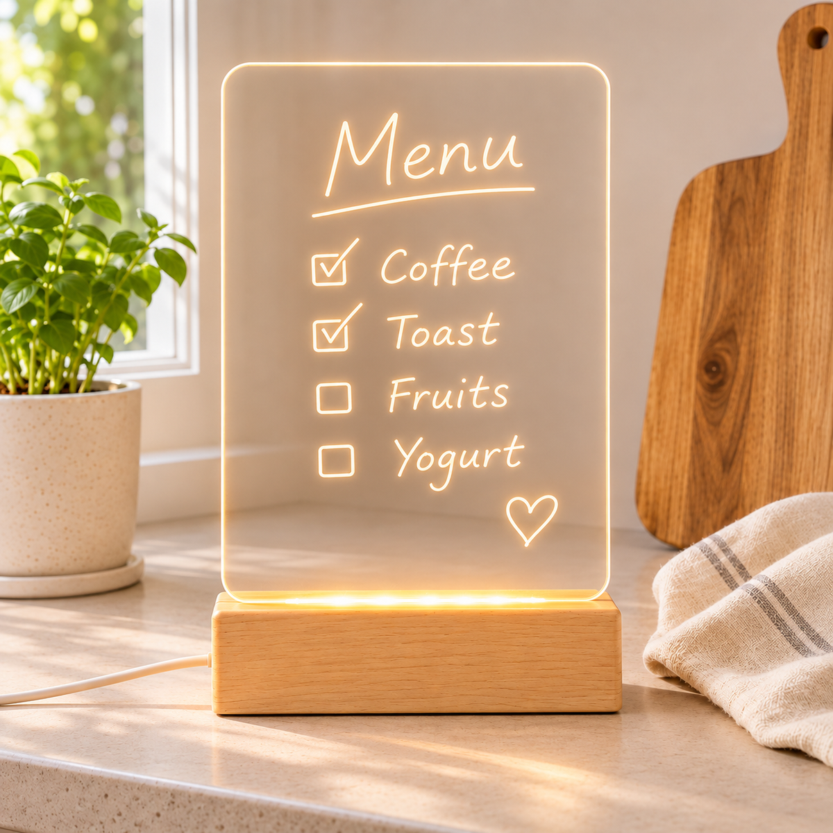 Anteckningstavla med LED-ljus och USB – genomskinlig akryl