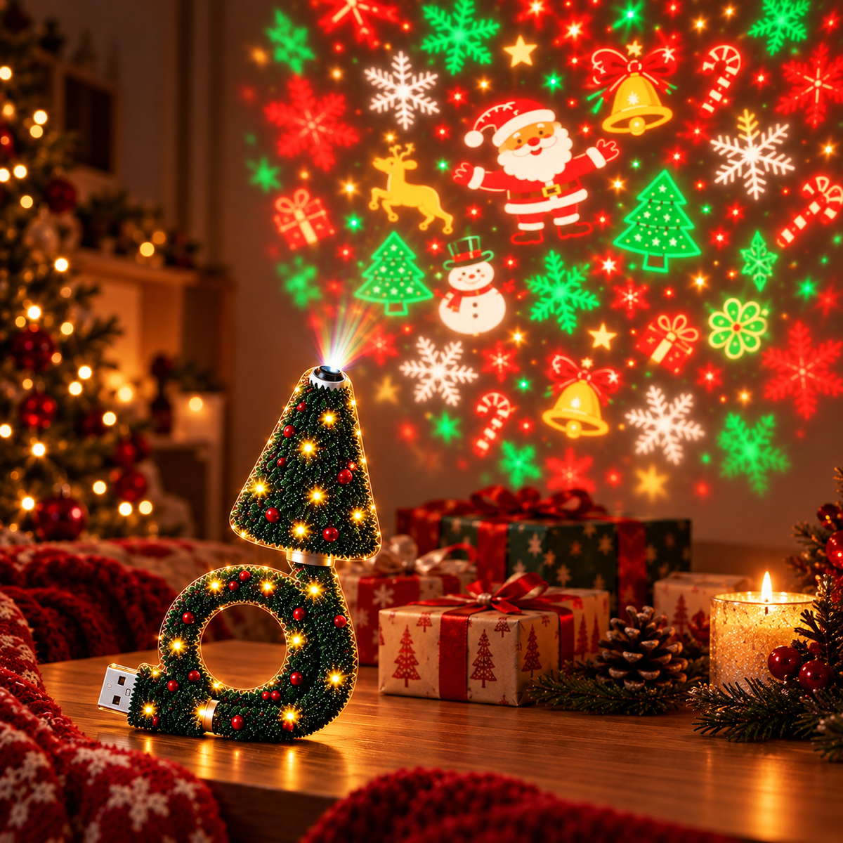 Julgransprojektor med USB – LED-projektor med julmotiv